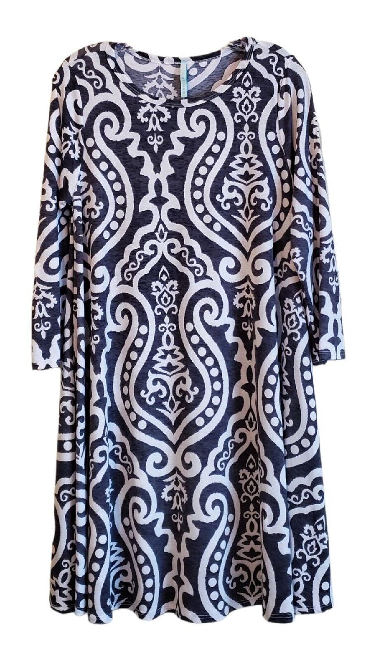 BELLAMIE Women's M Swing Dress Gray White 3/4 Sleeve Pockets Bust 36"